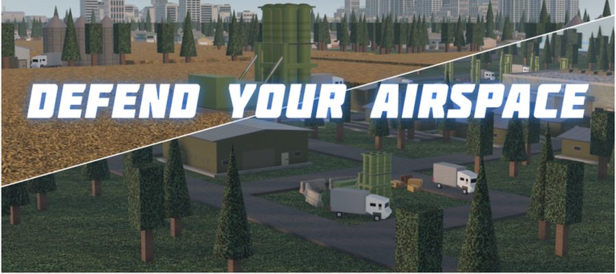 Official screenshot: the air-defence build the game advertises, with radar towers and tents